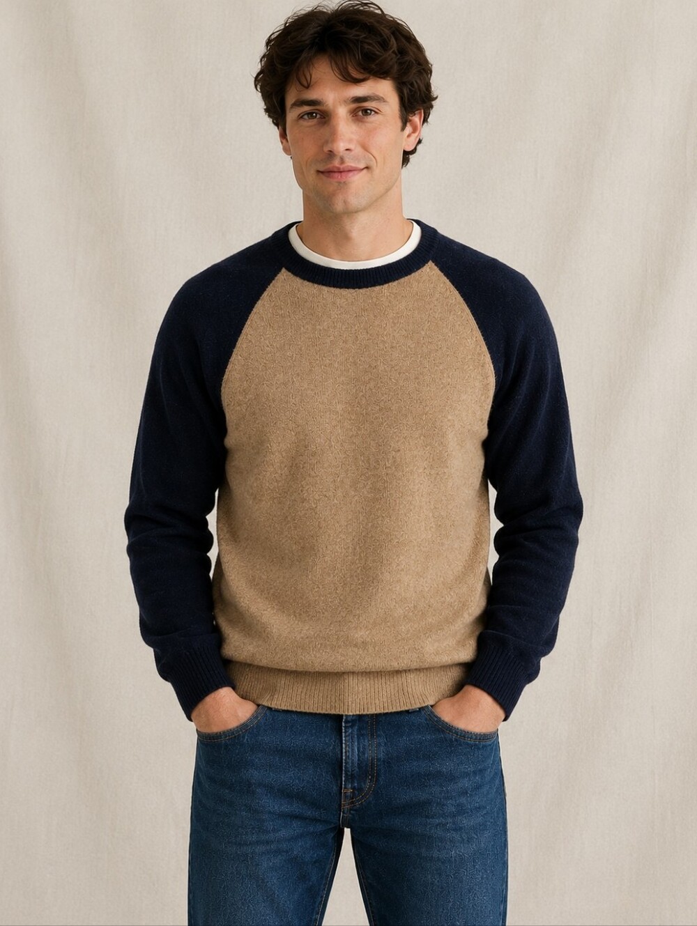 J.Crew 100% Lambswool Colorblock Raglan Sweater Beige Navy Medium